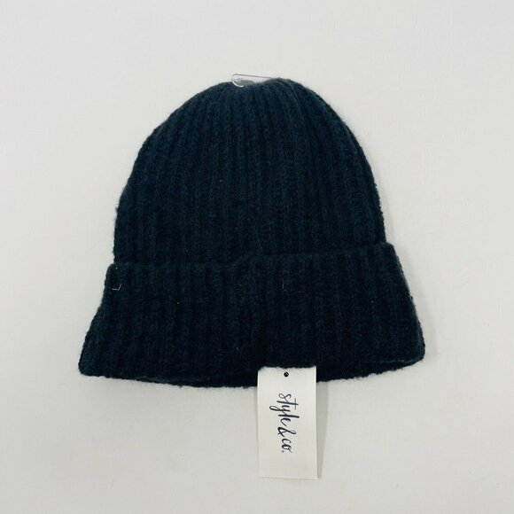 Style & Co Womens One Size Fits Most Ribbed Solid Knit Beanie Hat Black 1026 - Picture 2 of 5